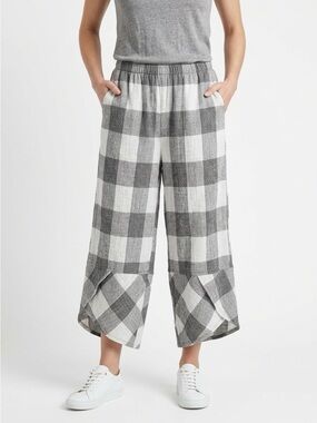Yushi Black White Plaid Cropped Culottes Wide Leg Elastic Waist Medium